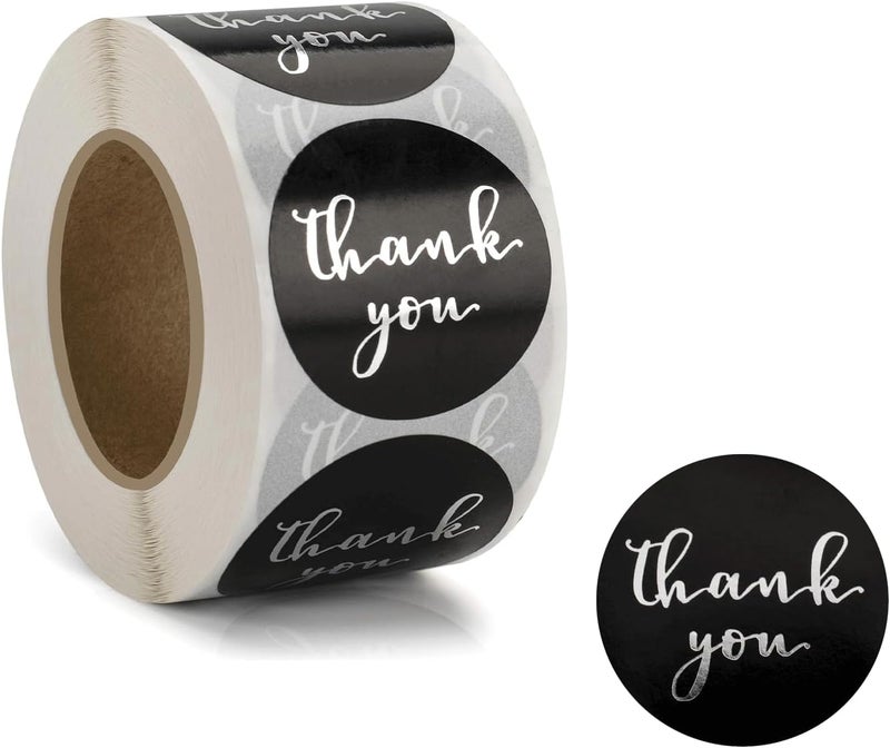 Red Dot Gift 500 pcs (3.8cm) Round Black Thank You Stickers Labels Roll Seals Thank You Waterproof Stickers with Beautiful Design Stickers Roll, Purchase Stickers with Silver Foil. - Image 1