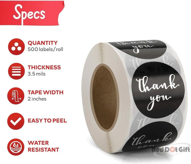 Red Dot Gift 500 pcs (3.8cm) Round Black Thank You Stickers Labels Roll Seals Thank You Waterproof Stickers with Beautiful Design Stickers Roll, Purchase Stickers with Silver Foil. - Image 3