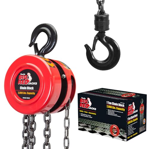 Big RED TR9010-3 Torin Manual Hand Chain Hoist with 2 Heavy Duty Hooks for Warehouse Automotive Machinery, 1 Ton (2,000lb) Capacity, 8ft/2.5m Red - Image 1
