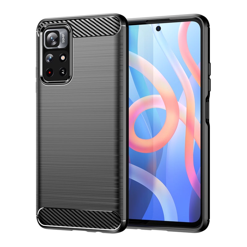 HuHa Case Cover For Xiaomi Poco M4 Pro 5G Brushed Texture Carbon Fiber TPU Phone Case(Black) - Image 1