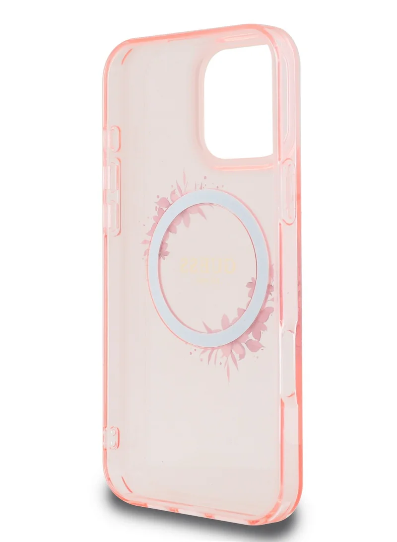 GUESS iPhone 16 Pro Magsafe Case IML Hard Cover with Flower Wreath Design / Drop protection / Lightweight back Cover / Comfortable Grip  - Pink