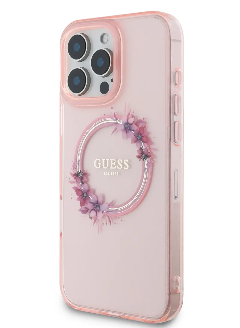 GUESS iPhone 16 Pro Magsafe Case IML Hard Cover with Flower Wreath Design / Drop protection / Lightweight back Cover / Comfortable Grip  - Pink