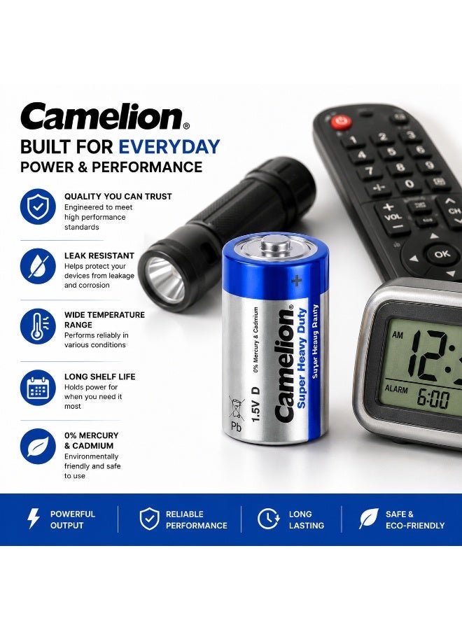 Camelion D Super Heavy Duty Batteries 2 Pack, 1.5V Zinc Carbon Battery for Torches, Lanterns, Radios & High Drain Devices - Image 3