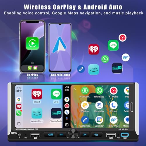 Oeretzrac راديو سيارة Apple CarPlay لاسلكي بتصميم Single DIN مع شاشة لمس IPS HD 686 وتقنية Bluetooth 52 ونظام Android Auto ومنفذين USB للشحن السريع وكاميرا خلفية وراديو FM ومعالج صوت DSP EQ وسوبووفر - Image 3
