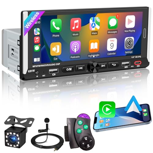 Oeretzrac راديو سيارة Apple CarPlay لاسلكي بتصميم Single DIN مع شاشة لمس IPS HD 686 وتقنية Bluetooth 52 ونظام Android Auto ومنفذين USB للشحن السريع وكاميرا خلفية وراديو FM ومعالج صوت DSP EQ وسوبووفر - Image 1