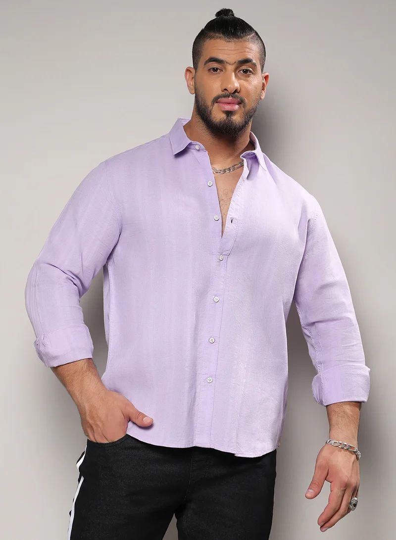 انستافاب بلس قميص رجالي قطني مخطط بتصميم ذاتي وياقة ممتدة وأكمام طويلة وإغلاق بأزرار