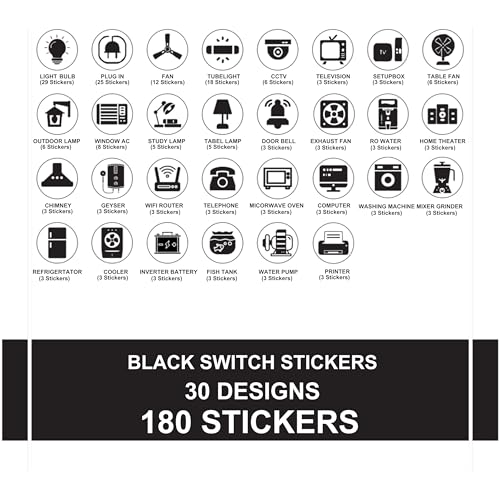 Pinaco India Switch Board Stickers - 180 Stickers, 30 Unique Designs | Decorative Stickers for Switches, Home & Office, Easy to Apply Stickers for Switches, Waterproof Vinyl 1.5 cm (Black) - Image 2