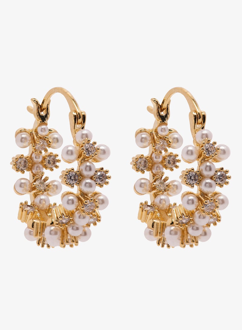 Khizana Pearl And Rhinestone Detailed Gold Accent Small Hoop Earrings - Image 1