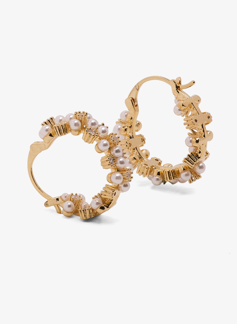 Khizana Pearl And Rhinestone Detailed Gold Accent Small Hoop Earrings - Image 2