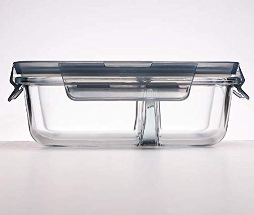 HOMIES INTERNATIONAL HOMIES INTERNATIONAL 1 Piece, 2 Compartment Rectangular Solid Glass Storage/Serving Bowl Set Lunch Tiffin Box with Clamp Plastic lid (1000ML) , Transparent  - Image 2