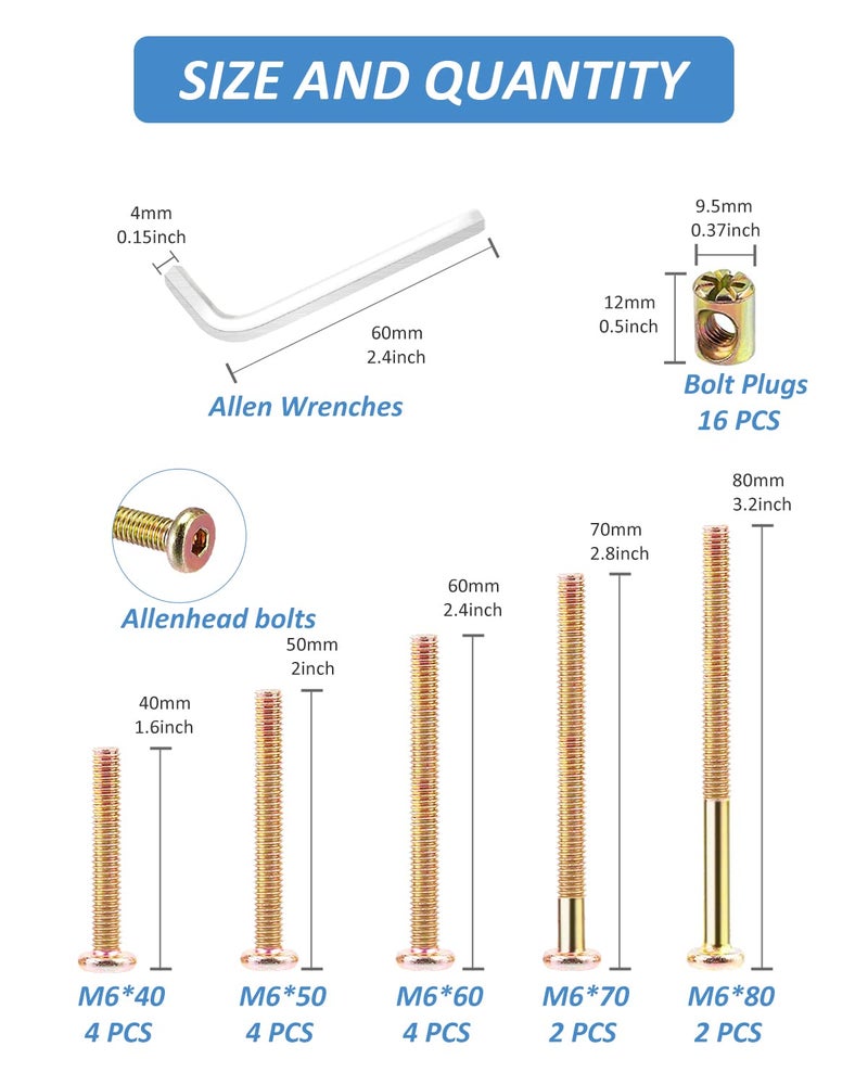 Allwin طقم استبدال مسامير سرير الأطفال 16 مجموعة براغي إطار السرير براغي وصواميل أسطوانية M6x40mm 50mm 60mm 70mm 80mm - Image 2