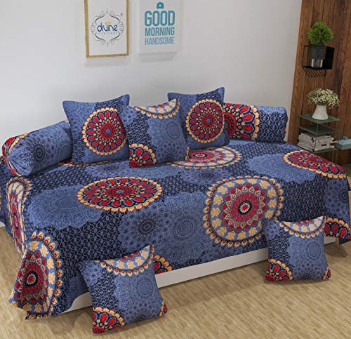 DIVINE OVERSEAS Diwan Set, Pack of 8 Pieces, 1 Single Bed Sheet 60 x 90 inches, 2 Bolster Covers 16 x 32 inches, 5 Cushion Covers 16 x 16 inches (Dark Grey Mandala) - Image 1