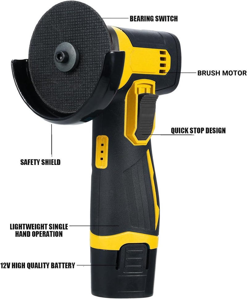 12V Cordless Brush Angle Grinder Kit Lightweight Tool w 2PCS 1300mAh -Ion Battery Charger Ergonomic Design for Reducing Hand Ideal Cutting Grinding Cleaning - Image 2