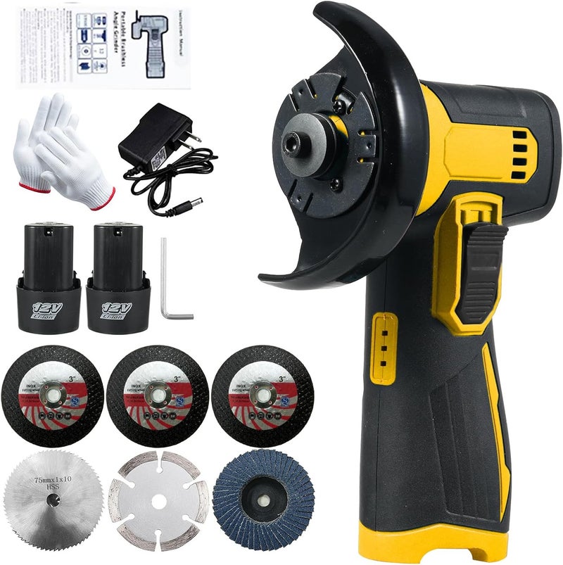 12V Cordless Brush Angle Grinder Kit Lightweight Tool w 2PCS 1300mAh -Ion Battery Charger Ergonomic Design for Reducing Hand Ideal Cutting Grinding Cleaning - Image 1