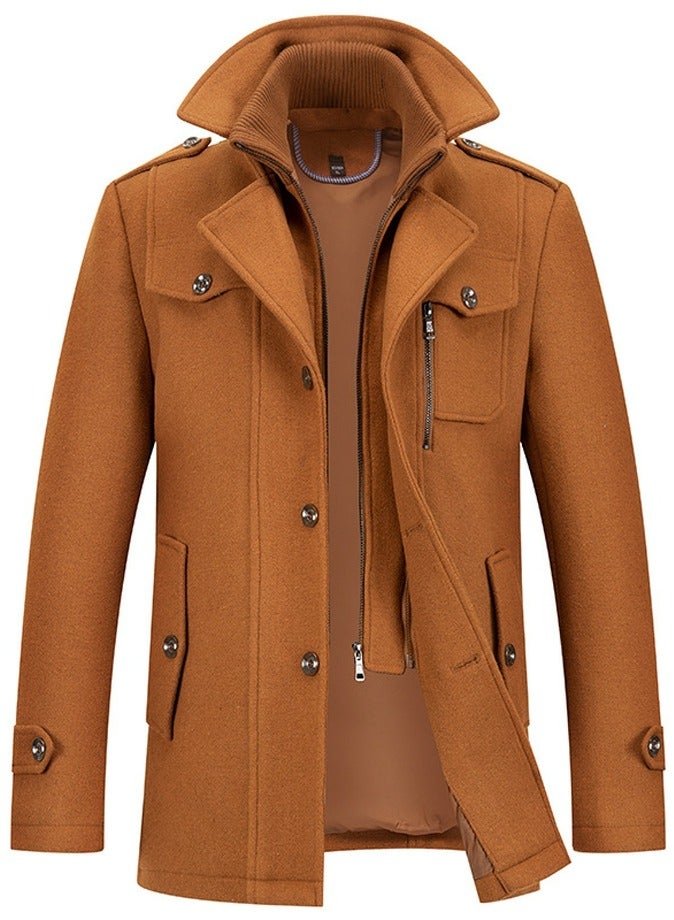 Loquat Men's Double Collar Wool Blend Coat Winter Trench Coat With Detachable Soft Scarf Jacket Khaki  - Image 1