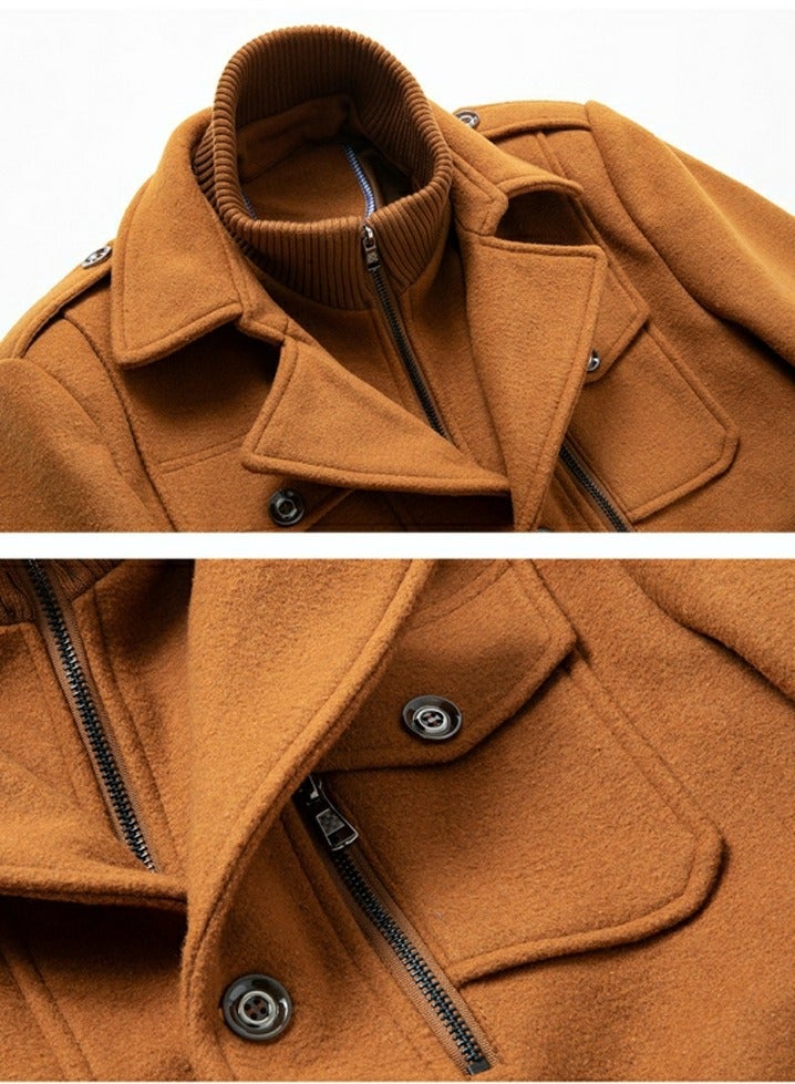 Loquat Men's Double Collar Wool Blend Coat Winter Trench Coat With Detachable Soft Scarf Jacket Khaki  - Image 3