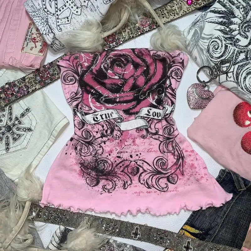 MANGMAO Y2k Grunge Tube Top Women Whimsy Twee Graphic Crop Going Out Bandeau Top Mcbling Emo 2000s Sleeveless Streetwear Pink - Image 4