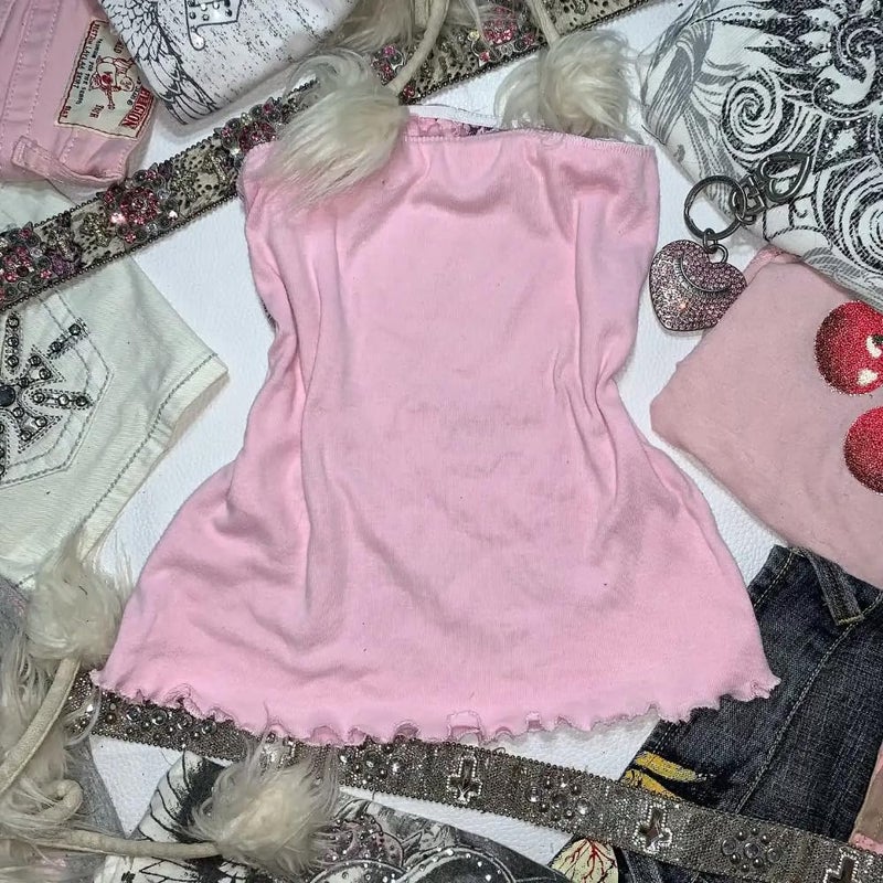 MANGMAO Y2k Grunge Tube Top Women Whimsy Twee Graphic Crop Going Out Bandeau Top Mcbling Emo 2000s Sleeveless Streetwear Pink - Image 5