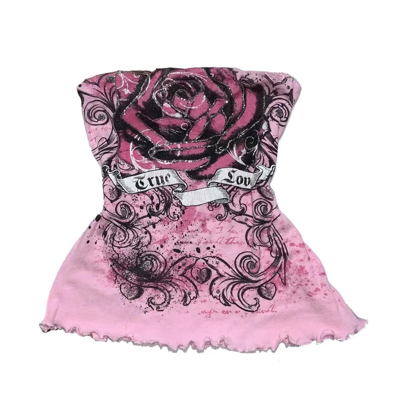 MANGMAO Y2k Grunge Tube Top Women Whimsy Twee Graphic Crop Going Out Bandeau Top Mcbling Emo 2000s Sleeveless Streetwear Pink - Image 1
