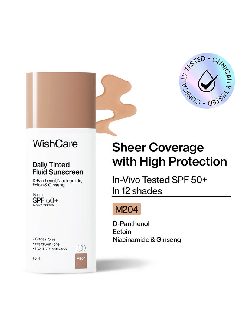 WishCare Daily Fluid Tinted Sunscreen SPF50 PA++++ | M204 | Broad Spectrum Protection for all skin types | In-Vivo Tested Tinted Sun Screen | D-Panthenol, Niacinamide, Ectoin & Ginseng | Evens & Protects | 50ml - Image 1