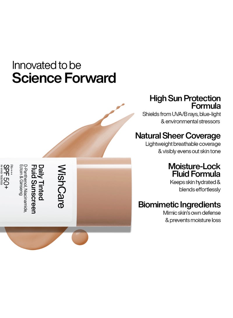 WishCare Daily Fluid Tinted Sunscreen SPF50 PA++++ | M204 | Broad Spectrum Protection for all skin types | In-Vivo Tested Tinted Sun Screen | D-Panthenol, Niacinamide, Ectoin & Ginseng | Evens & Protects | 50ml - Image 4