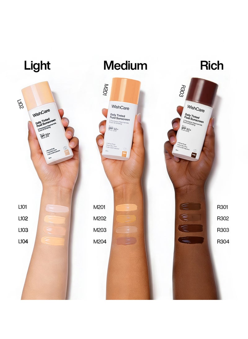WishCare Daily Fluid Tinted Sunscreen SPF50 PA++++ | M204 | Broad Spectrum Protection for all skin types | In-Vivo Tested Tinted Sun Screen | D-Panthenol, Niacinamide, Ectoin & Ginseng | Evens & Protects | 50ml - Image 5