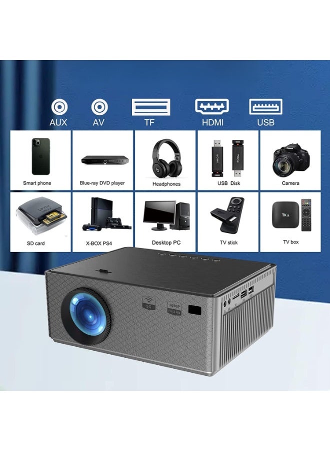 جهاز عرض ميني 5G واي فاي وبلوتوث – دقة 1080P، يدعم 4K، إضاءة 8500 لومن، سينما منزلية محمولة، متوافق مع اللابتوب والموبايل والتلفزيون – أسود - Image 4