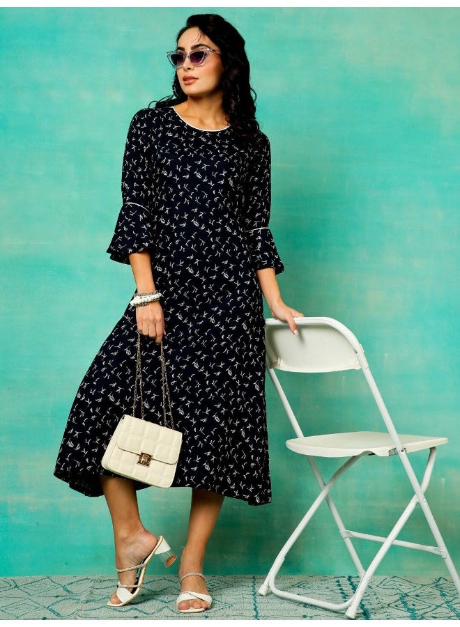 AKS Navy Blue Printed A-Line Dress  - Image 4