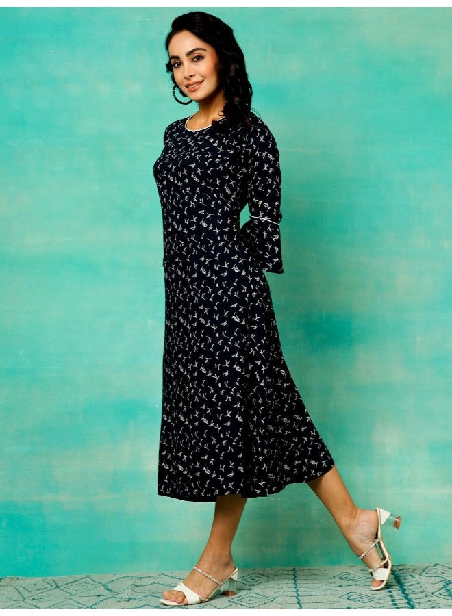 AKS Navy Blue Printed A-Line Dress  - Image 3