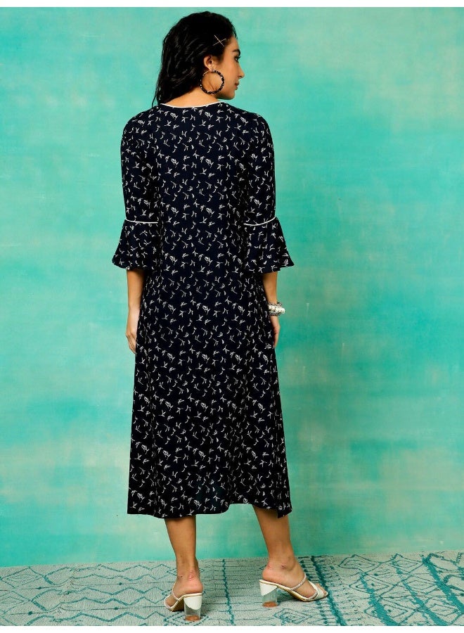 AKS Navy Blue Printed A-Line Dress  - Image 5