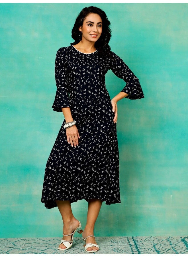 AKS Navy Blue Printed A-Line Dress  - Image 1