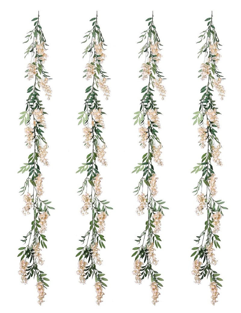 Duovlo 4Pcs 6.6Ft/Piece Imitation Silk Wisteria Garland Hanging Flower Vine for Home Outdoor Garden Ceremony Wedding Arch Floral Decor (Champagne) - Image 3