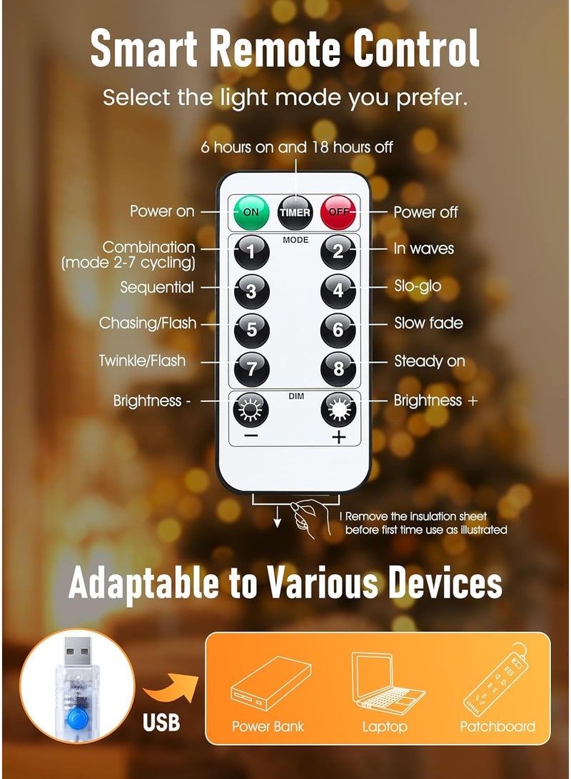 Necomi 100 LED String Lights Outdoor Waterproof 10m, 8 Modes USB Powered LED Strip Lights with Remote Control for Outdoor Trampoline Camping Tent Yard Garden Decor (Warm White) - Image 5