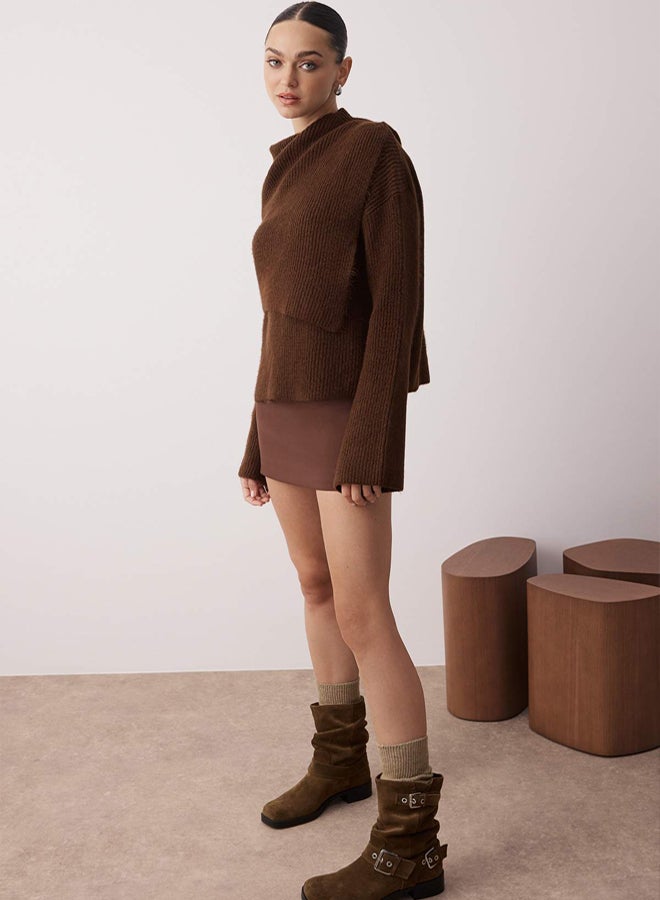 trendyol Brown 2-Piece Soft Textured Wide Fit Knitwear Sweater-Poncho Set - Image 2