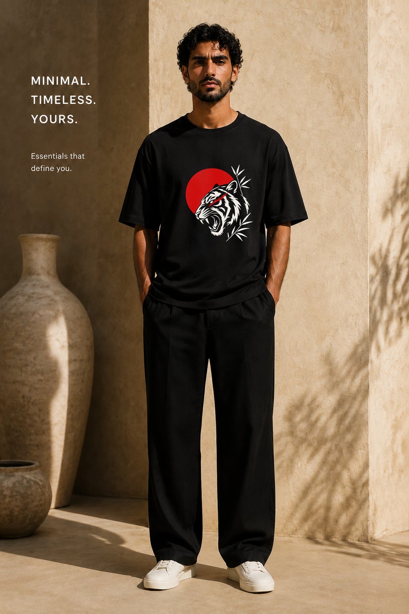 Men's Black Tiger Graphic T-Shirt Oversized Casual Short Sleeve Crew Neck Streetwear Tee - Image 2