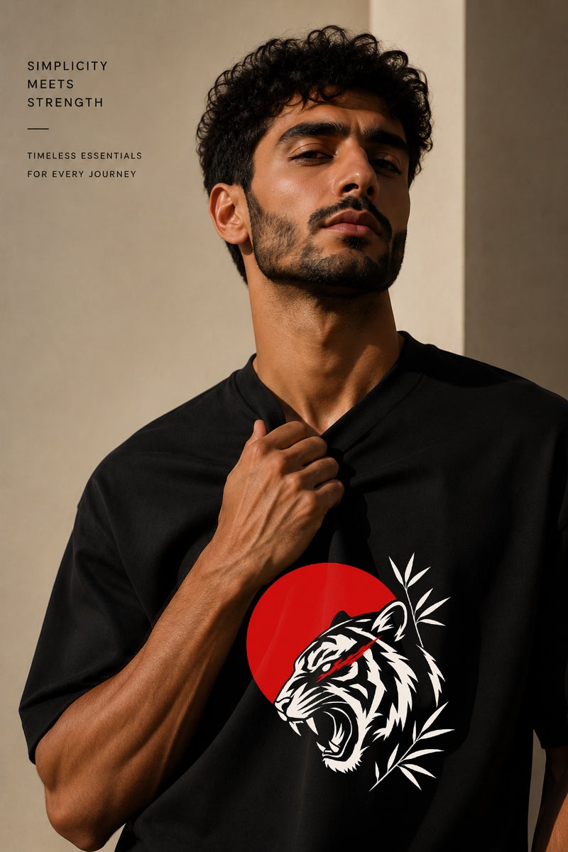 Men's Black Tiger Graphic T-Shirt Oversized Casual Short Sleeve Crew Neck Streetwear Tee - Image 5