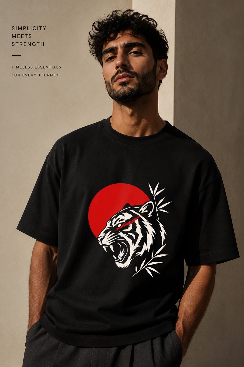Men's Black Tiger Graphic T-Shirt Oversized Casual Short Sleeve Crew Neck Streetwear Tee - Image 1