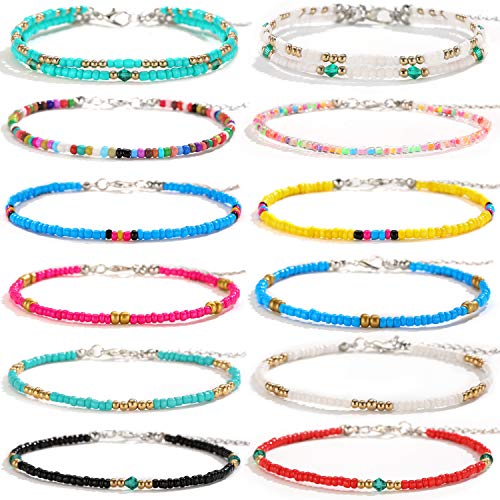 XIJIN 12Pcs Handmade Beaded Anklets for Women Boho Colorful Beads Ankle Bracelets Adjustable Foot Anklet Set - Image 1