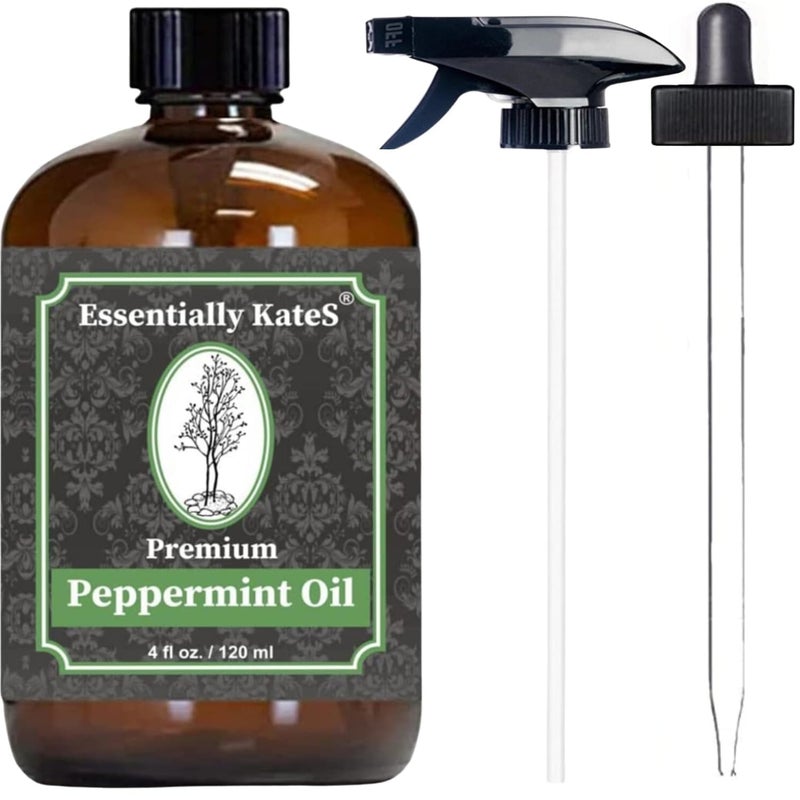 Peppermint Essential Oil 4 oz. with Huge Glass Bottle, Glass Dropper, and Sprayer. Detailed User's Guide E-Book. Skin Care, Garden Care, and Hair Care.