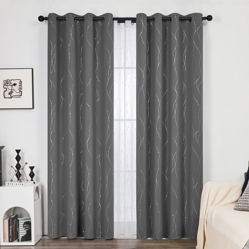 Deconovo Blackout Curtains for Sliding Glass Door  108 Inch Long  Set of 2 - Thermal Insulated Curtains  Window Curtains with Wave Line and Dots Pattern (52 x 108 Inch  Grey  Set of 2) - Image 2