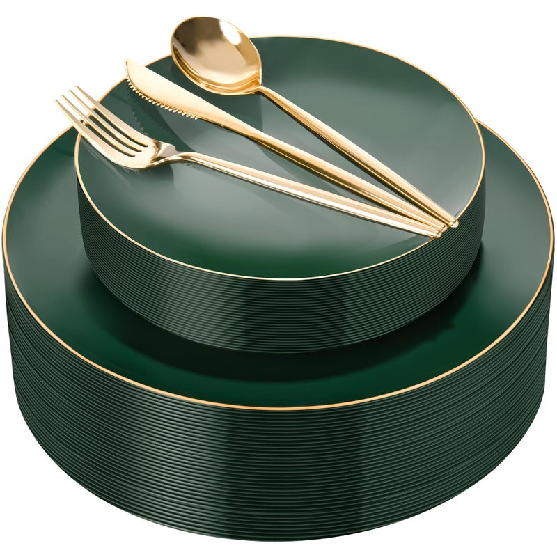 I00000 150Pcs Green Plastic Plates with Gold RimGreen Disposable Plates Set include 30 Dinner Plate30 Dessert Plate 90 Gold Plastic Silverware Set for Party  Wedding