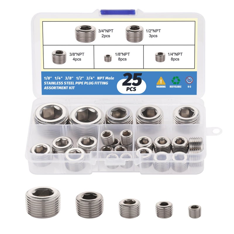 Ailbiuko 25Pcs 304 Stainless Steel Pipe Plug Fittings Assortment Kit,5 Sizes 1/8" 1/4" 3/8" 1/2" 3/4" NPT Male Internal Hex Thread Socket Pipe Plug Set - Image 1