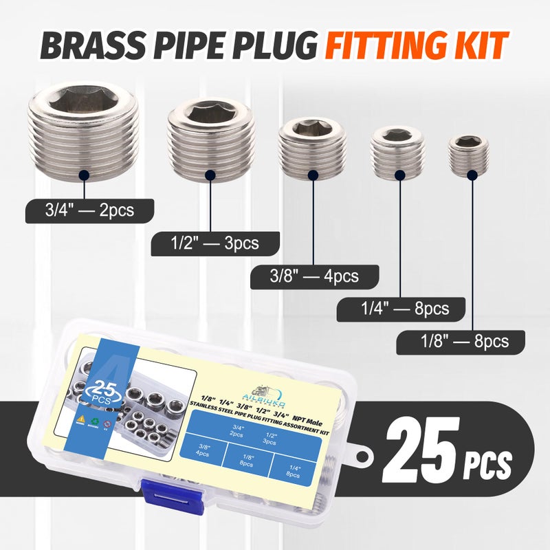 Ailbiuko 25Pcs 304 Stainless Steel Pipe Plug Fittings Assortment Kit,5 Sizes 1/8" 1/4" 3/8" 1/2" 3/4" NPT Male Internal Hex Thread Socket Pipe Plug Set - Image 2