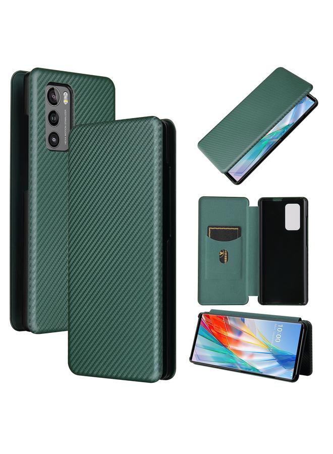 اس-توب جراب لهاتف LG Wing 5G مصنوع من ألياف الكربون بتصميم أفقي قابل للطي مصنوع من مادة TPU + PC + جلد PU مع فتحة للبطاقات - Image 1