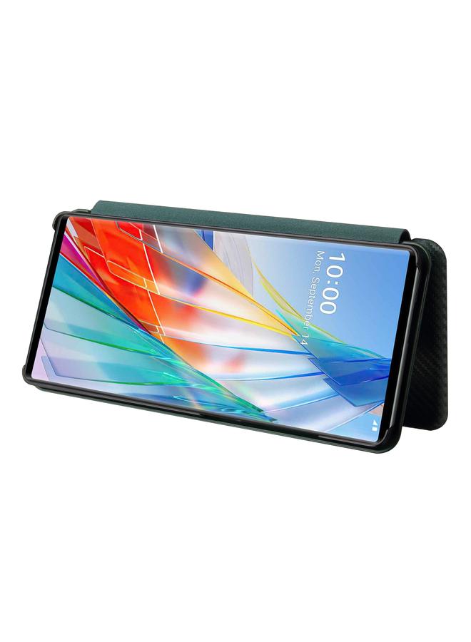 اس-توب جراب لهاتف LG Wing 5G مصنوع من ألياف الكربون بتصميم أفقي قابل للطي مصنوع من مادة TPU + PC + جلد PU مع فتحة للبطاقات - Image 3