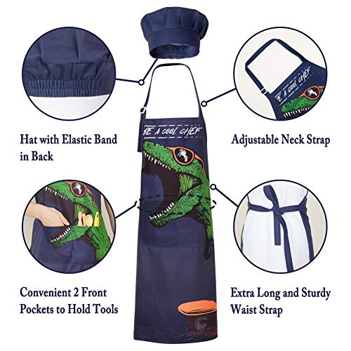 MHJY Kids Apron and Chef Hat for Boys Dinosaur Child Aprons with Pockets,Adjustable Child Apron for Cooking Baking Painting 3-12 Years - Image 2