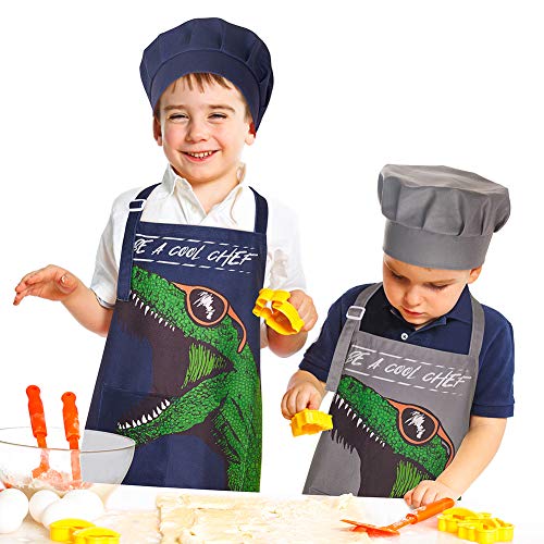 MHJY Kids Apron and Chef Hat for Boys Dinosaur Child Aprons with Pockets,Adjustable Child Apron for Cooking Baking Painting 3-12 Years - Image 4