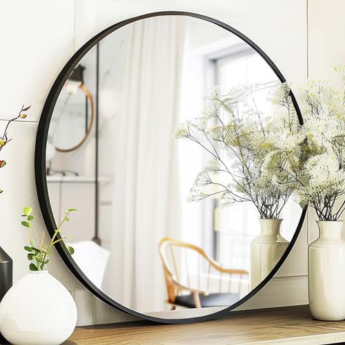Sunniry Black Round Mirror Round Mirror 24 inch Black Circle Mirrors Metal Frame Wall Mounted Mirrors for Living Room Bathroom Wall Entryway Rustic