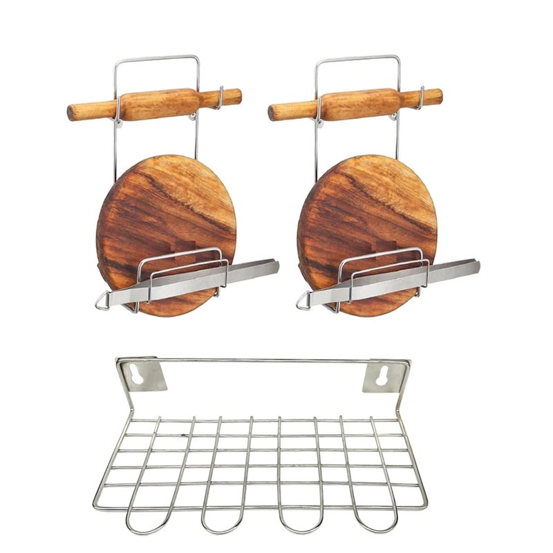 JISUN Stainless Steel Wall Mounted Chakla Belan Stand Pack of 2 Wall Mounted Ladle Stand for Kitchen Silver  - Image 1