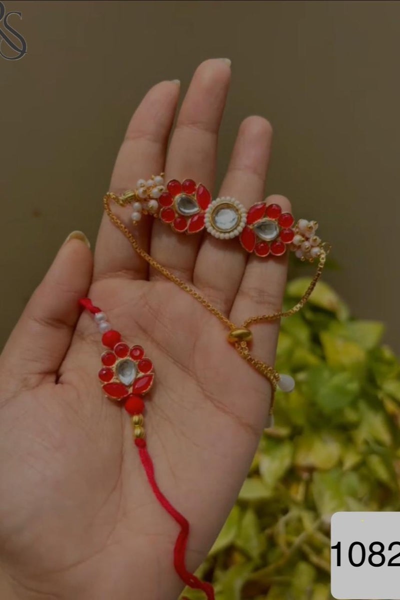 Red kundan bhai rakhi with bhabhi bracelet /rakshabandhan special rakhi pair